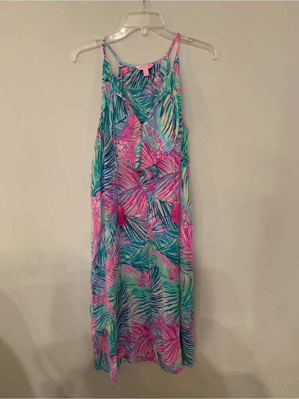 Lilly Pulitzer Pink, Teal & Blue Tropical Palm Branch Print Midi Dress M